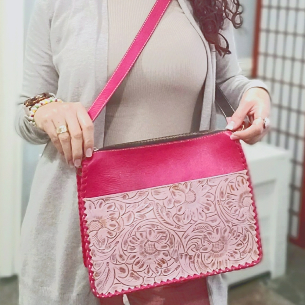 Pink rose fuchsia leather crossbody